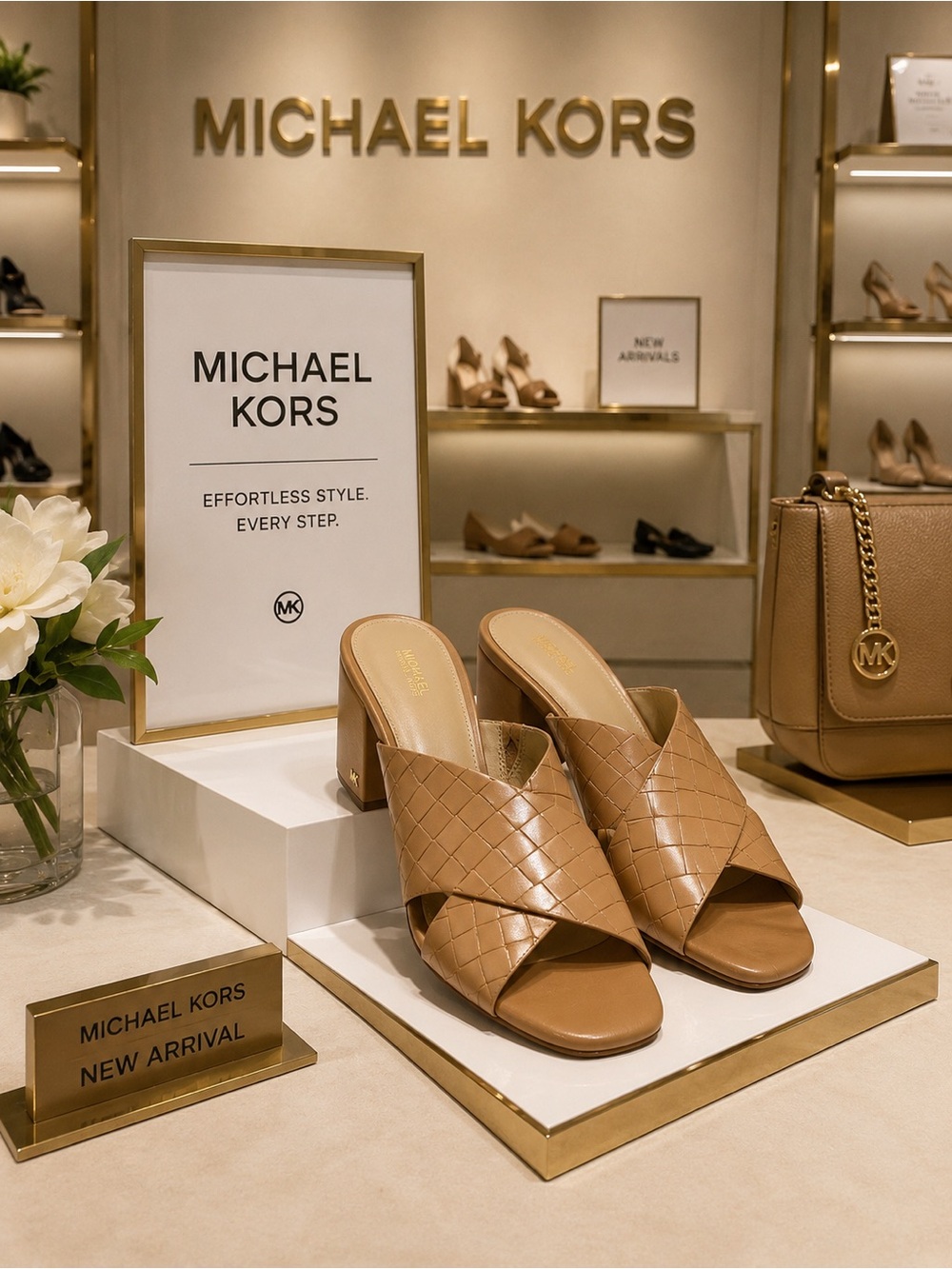 Michael Kors Camel/Tan Quilted Leather Slide Mules